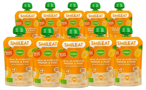 Smileat - Pack de 10 Pouch de Frutas Ecológicas - Sin Sal ni Azúcar Añadido, Sin Gluten - Snack Práctico para Peques - Sabor a Leche de Almendras, Mango y Piña