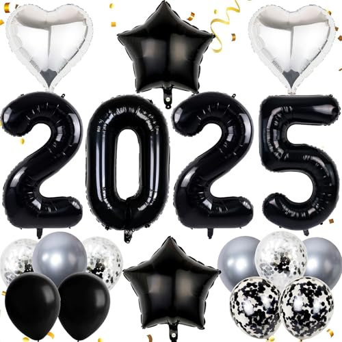 Dalettu Silvester Deko 2025 Dekoration Set, Luftballons 2025 Neujahr Deko 2025 Schwarz Silber, Neujahr Deko Ballon 2025, Folienballon 2025 Zahlenballon für Jahreswechsel Neujahr Silvester Party Deko