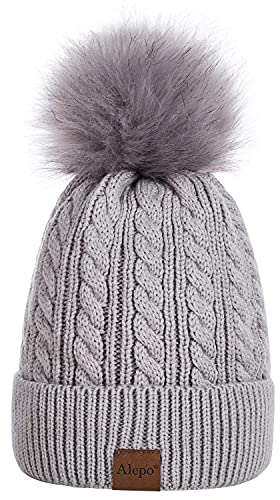 Alepo Damen Mütze Winter Warme Mit Bommel - Beanie Mit Fleece Gefütterte Weiche Skimanschettenmütze (Grau)