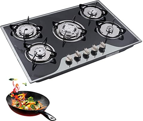 Built-in Gas Cooktop, 5 Burners Hob Cooker, Stainless Steel, Tempered Glass Gas Stove, Automatic Pulse Ignition 770 x 510 (30.3 x 20)