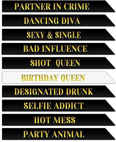BLMHTWO 10 Pieces Birthday Sash Birthday Queen Sash Black White Happy Birthday Sash Set for Women Birthday Accessories Group Gifts Party Favors Decorations Birthday Girl Sash