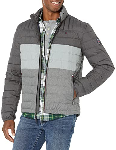 Tommy Hilfiger Men's Lightweight Down Alternative Packable Puffer Jacket Coat, Grey Colorblock, 3X