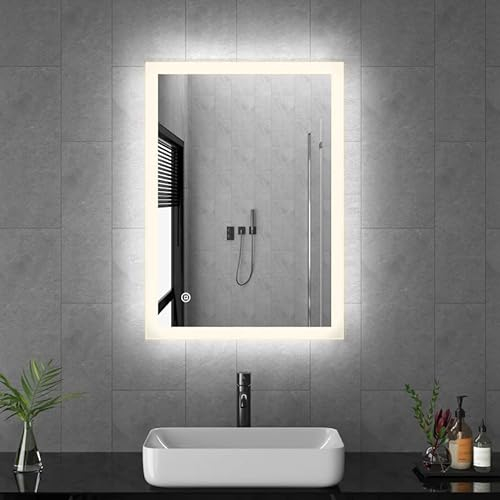 LED Badspiegel mit Beleuchtung 40x60cm Badezimmerspiegel Wandspiegel 3 Lichtfarbe Dimmbare 3000-6500K Rechteckiger Badezimmer Spiegel, Wandmontage Schminkspiegel mit Touchschalter