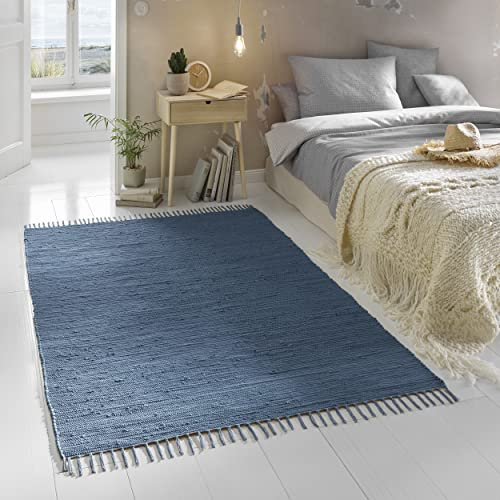 TacaHome Flicken-Teppich 100% Baumwolle I Waschbarer Fleckerl mit Fransen I Esszimmer Küche Badezimmer Wohnzimmer Kinderzimmer | 120 x 180 cm Blau