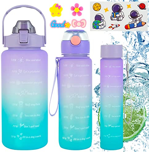 Motivational Sport Water Bottle 3 Pcs Water Bottles with Handle and Straw 2000ML/700ML/ 300ML Time Markings Bpa Free Leak-Proof Gradient Drink Bottles for Girls Boy Fitness Outdoor Cycling(Purple)