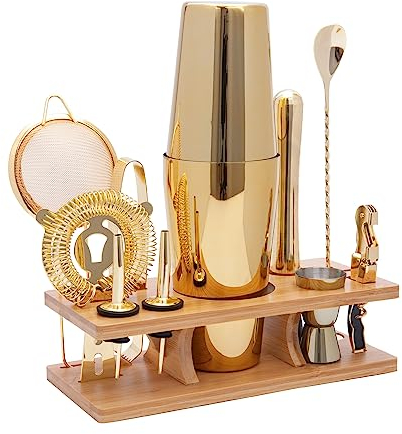 AUOXIOUYM Juego de coctelera de 11 piezas, dorado, kit de coctelera de acero inoxidable de 25 onzas, kits de barra para barman, juego de herramientas de bar para camarero profesional y hogar