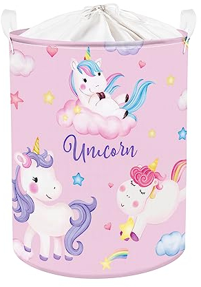 Clastyle Rosa Einhorn Kinder Wäschekorb mit Henkel Faltbar Kleidung Spielzeug Aufbewahrungskorb Mädchen Aufbewahrungsbox für Babyzimmer Bad, Karikatur, 36 * 45 cm