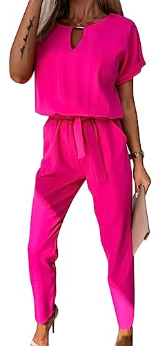 Minetom Damen Jumpsuit Elegant V-Ausschnitt Kurzarm Overall Hosenanzug Party Hochzeit Festlich Playsuit Romper mit Gürtel Taschen A Rose L