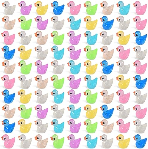 Funmo Mini Enten Leuchtend, 100 Stück Mini Enten Figuren, Mini Enten Harz, Bunte Kleine Enten DIY Winzige Enten Kleine Bunte Enten Spielzeug für Aquarium Garten Landschaft Puppenhaus Topfdekoration