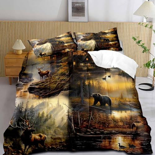 LUVIVIHOME 3-teiliges Bettwäscheset mit schwarzem Bär, Hirsch, Königin, Elch, Stockente, Wald, Tier, Wildtiere, Jagd, Tarnmuster, Jäger, Landhaus, rustikales Bauernhaus-Bettwäsche-Sets, 2 Kissenbezüge