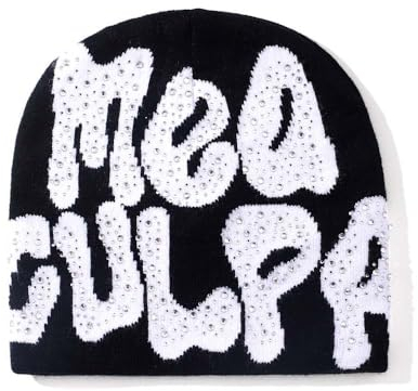 GFLPO MEA Culpa Beanie Y2k Beanie Damen Beanies Y2k Mütze Graphic Beanies Wintermütze Knit Skull Cap Strickmütze Y2k Zubehör, Schwarz mit Strass, Einheitsgröße