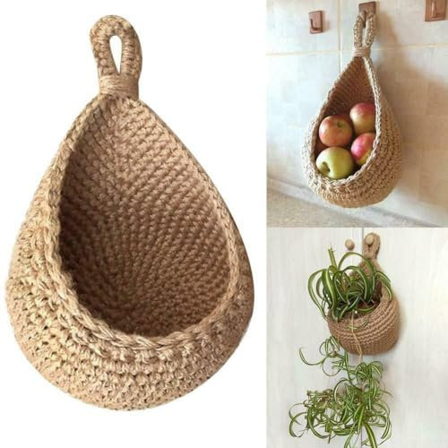Hanging Wall Fruit Baskets, Vegetable Woven Basket Jute Eco Hanging Storage Basket Cotton Rope for Kitchen, Restaurant, Home(E（W27 X H26 X33cm）)