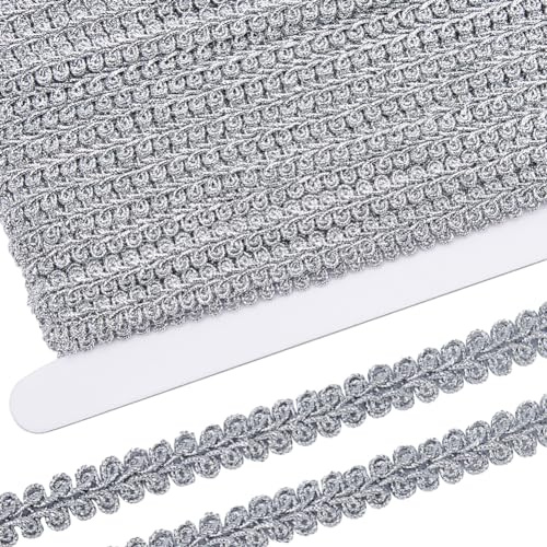 GORGECRAFT 16m Metallische Spitzenborte Bestickt Silberfarben Geflochten Tausendfüßler-Rand Bandapplikation Gewebte Gimp-Einfassung Besätze Zum Nähen Weihnachten Halloween Heim Dekoration DIY-Basteln