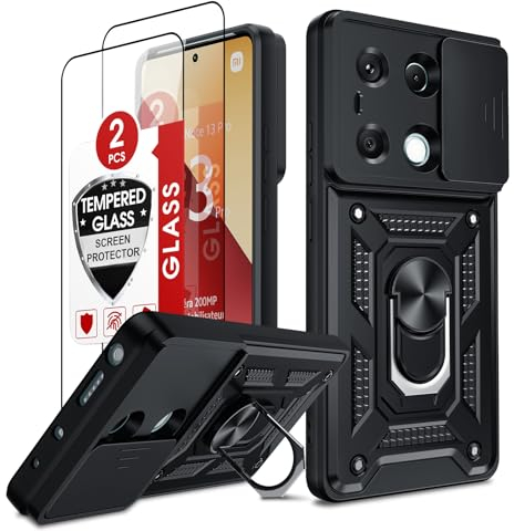 LeYi Cover per Redmi Note 13 Pro 4G (Non per 5G)/Xiaomi Poco M6 Pro 4G con Vetro Temperato, Custodia con Protezione Fotocamera [Slidable] Antiurto con Anello Supporto TPU Bumper Antiurto Case, Nero