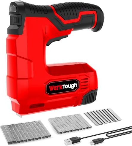 Werktough Pistola de grapas inalámbrica de 4 V, 2 en 1, cable USB de grapa, 2000 clavos de grapas y clavos de clavo (T53: 8 mm x 1000 + 6 mm x 500 piezas, T47: 10 mm x 500), color rojo
