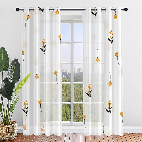 Surwin Blumen Druck Vorhänge, 2 Stück Gardinen mit Ösen, Modern Transparent Vorhänge Wohnzimmer Polyester Gardinen Küche Fenster Wohnzimmer Schlafzimmer (Weiß B,107x213cm)