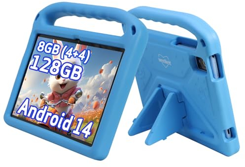 weelikeit 2024 Updated Kids Tablet, 10 Inch Android 14 Tablet for Kids with Case, 8 (4+4) GB RAM 128GB ROM, Bluetooth WiFi, Child Lock, HD Screen, 6000mAh Battery, Dual Camera (Blue)