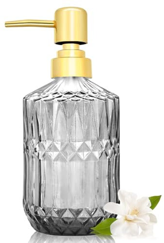 1 Pack 400ml Vintage Glass Soap Dispensers with Pump, Refillable Ribbed Design Liquid Soap Bottles for Bathroom, Vanity Countertop, Kitchen Sink, Laundry Room, Home Decor Accessories (Gray)