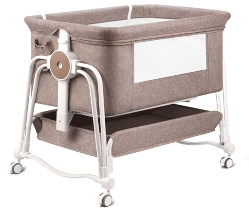 suihuooo 4 In 1 Baby Crib, Next to Me Crib, 7 Level Adjustable Bedside Bed for Baby with Wheels, Storage, Mosquito Net and Matress Included, Portable Cribs for Newborn Infant (Khaki)