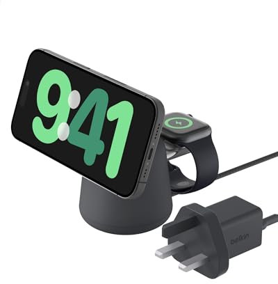 Belkin BoostCharge Pro 2-in-1 Wireless Charger with Qi2 15W - MagSafe-Compatible Charger for iPhone 16, 15, 14, 13, 12 Series, Apple Watch, AirPods, & Other Qi2 Enabled Devices, PSU Included - Black