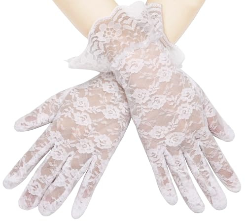 Long Keeper 1 Paio di Guanti Pizzo in Neri Rosso Bianchi Guanti da Sposa Guanti Corti Donna in Pizzo Floreale per Matrimoni Serate Balli di Fine Anno Costume