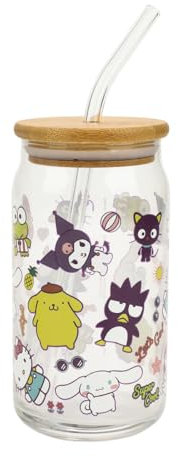 Hello Kitty & Friends - Tazza in vetro con coperchio in bambù, 425,2 g