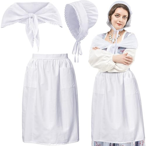 Hercicy 3 Pieces Women Colonial Costume Set White Mob Cap Bonnet Shawl Half Apron Maid Peasant Pilgrim Costume Girls Cosplay(Peasant Bonnet)