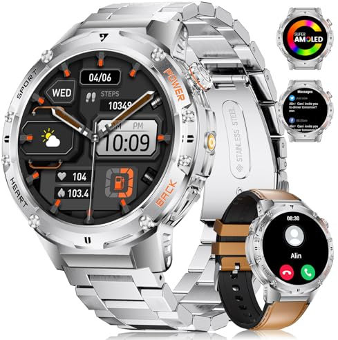 ESFOE Smartwatch Uomo Militare con Torcia LED-1,43 AMOLED Rugged Smart Watch 5ATM Impermeabile 530mAh 132 Modalità Sport 24H Monitoraggio Orologio Smartwatch con Chiamata Bluetooth Android iOS