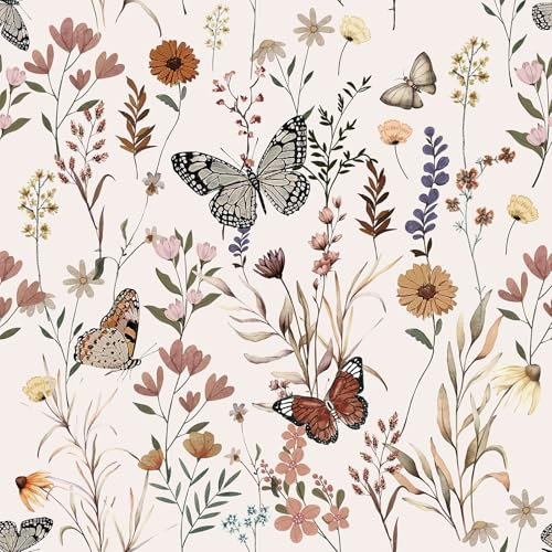 HPNIUB Blumentapete Selbstklebend,Vintage Blumen Schmetterlinge Tapete (44x300cm)Blüten und Retro-Schmetterlinge Wandfolie für Wohnzimmer, Schlafzimmer, Küche, Abziebbare Möbelfolie mit Pflanzenmotiv,