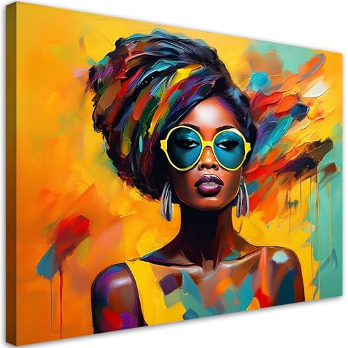 Feeby Wandbild - Wohnzimmer Modern Deko - Bunte Afrikanische Frau Brille - 60x40 cm 1tlg - Bilder Leinwand - Bild auf Leinwand Schlafzimmer - Leinwandbilder für die Wand - Canvas Painting - Fotokunst