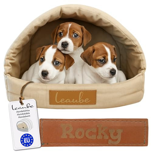 Leanbe Personalisierte Hundehütte/Hundehöhle – Kuscheliges Hundebett mit Namensgravur – Katzenhöhle & Schlafplatz für kleine und große Hunde Hundehaus (BEIGE, R2:48x37x32cm)