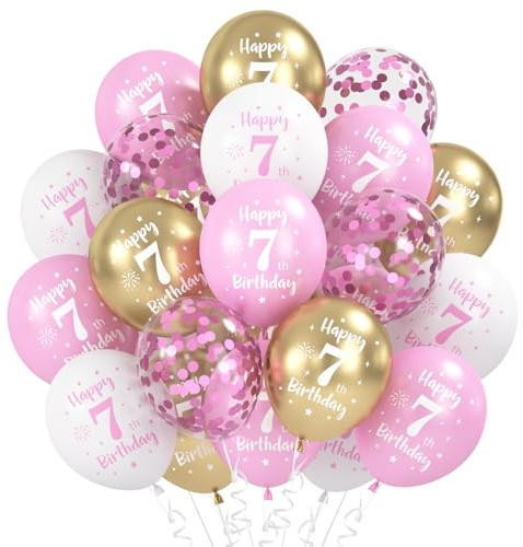 Luftballons 7.Geburtstag Deko, 30 Stück Latex Ballon 7. Geburtstag Mädchen, Happy 7th Birthday Ballons Rosa Weiß Gold, Kinder Birthday Party Deko