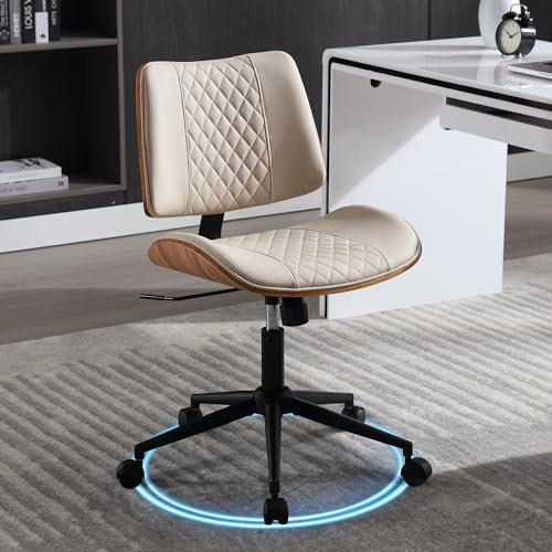 Bürostuhl PU-Leder auf Rollen Schreibtischstuhl Modern Homeoffice Chair Schminktischstuhl bis 136 kg Belastbar Höhenverstellbar 360° Drehstuhl für Arbeitszimmer Schlafzimmer Heimbüro Zuhause Beige