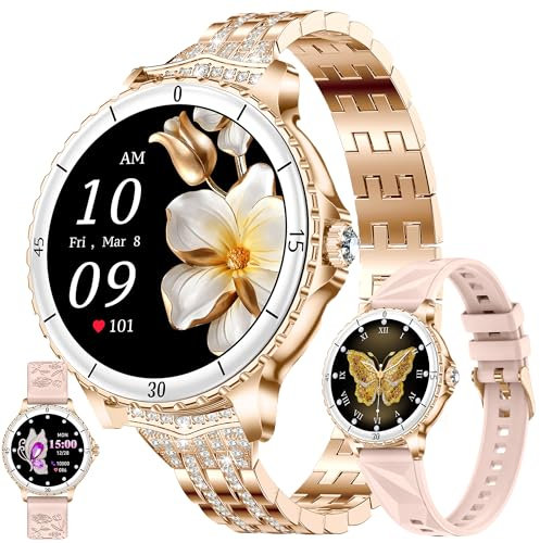 1.27 Inch AMOLED Women's Smart Watch with Bluetooth 5.2 Call Smartwatch Compatible with Samsung Huawei Xiaomi Android iOS Pedometer GPS Shared Watch 123 Sports Heart Rate Monitor (Gold)
