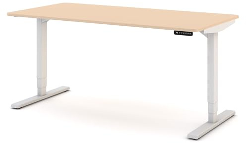 ASSMANN Höhenverstellbarer Schreibtisch elektrisch, 120x70cm, TÜV-geprüft | stufenlos verstellbar mit Aufprallschutz, ergonomischer Schreibtisch Made in Germany, abgerundete Ecken, Sand/Weiß