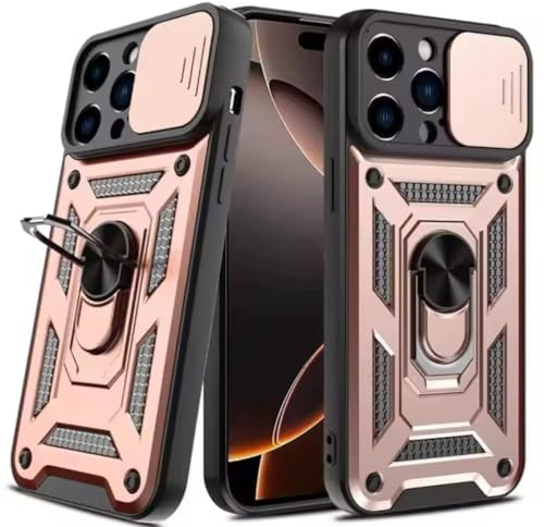 KK KENIK Case Compatible With iPhone 12 Pro, Shockproof Heavy Duty with Slide Camera,Military-Grade Protection, Ring Kickstand, Magnetic Car Mount Holder Cover For iphone 12 Pro Rose Gold