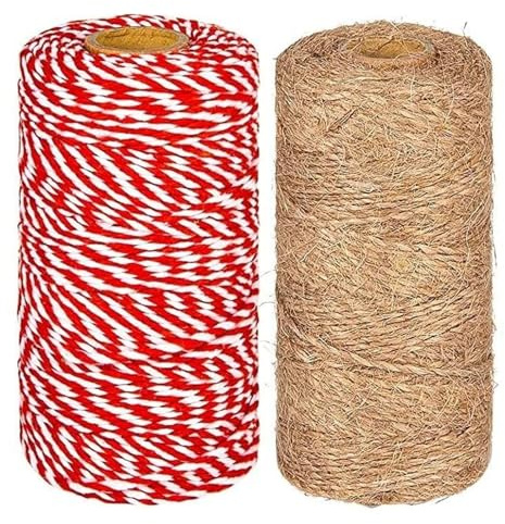 Rot Weiß Baumwollschnur,Juteschnur Wickelseil Schnur, 2mm Geschenkschnur zum Einpacken von Geschenken, 10m Weihnachten Bastelschnur, Zweifarbige Dekoband Kordel für Adventskalender Weihnachten Geschen
