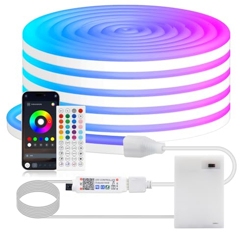 KISUFU 5V 3535 Led Neon Rope Lights, RGB 108 LEDs/m Flexible Rope Color Changing Neon Light with 44 Key IR Bluetooth Voice Control 3AA Battery Pack for Bedroom, Outdoors Decor. （No Battery Inside）