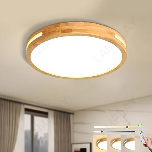 LAMPLAY Runde Holz-Deckenleuchte, Ø40cm, Dimmbare LED-Lampe, Naturholz, Fernbedienung, 3000K–6000K, 30W, Seitliches Hohldesign, Schlafzimmer Wohnzimmer Arbeitszimmer Kinderzimmer Küche Esszimmer