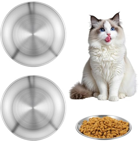 Hpmjz 2Pcs Stainless Steel Cat Food Bowls Wide Whisker Friendly Cat Dishes Set Stainless Steel Cats Bowls Shallow Indoor Feeding Plate for Elevated Stands Indoor Kitten Feeding Wet & Dry Food Dish