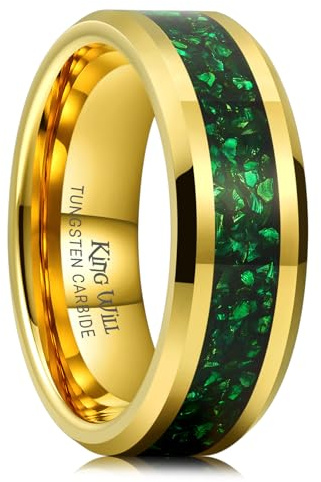 King Will Ehering aus Wolframkarbid für Männer – 8 mm schwarzer, hochglanzpolierter Ehering mit blau-grünem Sand-Inlay für den Alltag, bequemer Sitz für Herren, Größe 54–70 (17–22)