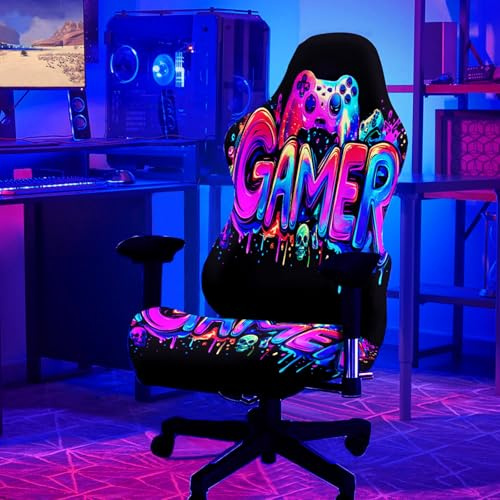 Simpkeely Blacklight Gaming Chair Cover – UV Reactive Esports Chair Protector with Neon Gamer Skull Design, Stretchable Washable Slipcover for Office & Gaming Chairs