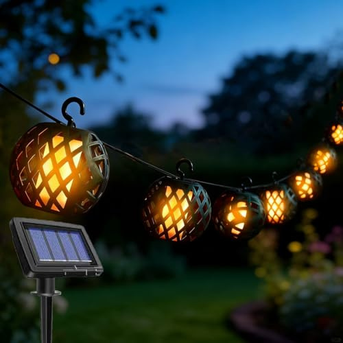 Solar Lichterkette Outdoor Lampions, 8 kugelleuchten LED Solar Lichterkette Aussen mit Flackernd Flammeneffekt, Solarlichterkette Außen Wetterfest, Hängend Solar Flammenlicht für Balkon