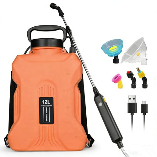 Qdreclod Pompa Irroratrice a Batteria 12L, Spruzzatore Elettrico a Zaino con Pompa ad Alta Pressione, Ricarica USB, Asta Telescopica e 4 Ugelli, per Giardino, Prato, Siepi e Piante(Arancione)