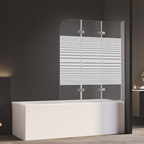 AmuseVera 130 x 140 cm Duschwand für Badewanne Faltbar 3-teilig Badewannenaufsatz Duschabtrennung mit Streifen Milchglas Badewannenfaltwand aus 6mm ESG Sicherheitsglas mit Nano-Beschichtung