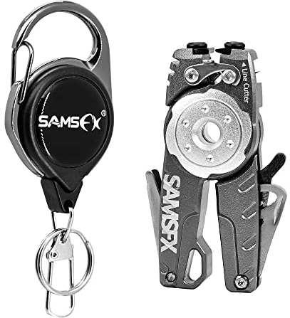 SAMSFX Fishing Multitool, Tungsten Line Cutter with Zinger Retractors, Pliers, Knot Tyer, Hook Cleaner, Sharpener, Loop Tyer (Gray Aluminium Handle)