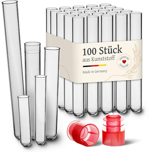 Tuuters 100x Kunststoff Reagenzgläser mit Verschluss Stopfen (150 x ø 16mm) | Reagenzglas aus Polystyrol, Glasklare Plastikröhrchen zum Basteln, Verschenken oder für Blumen, Reagenzglas für Flüssigkeiten
