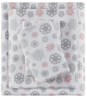 Sleep Philosophy True North Kuscheliges Flanell-Bettwäsche-Set, warm, 100% Baumwolle, Motiv: Tiere, Sterne, niedlich, ultraweich, für kaltes Wetter, Doppelbett, rosa/graue Schneeflocken, 3-teilig