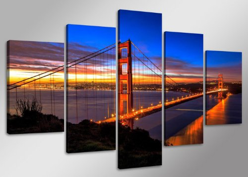 Visario Bild auf Leinwand der Deutschen Marke 160 x 80 cm fünfteilig golden Gate Bridge 5512 Bilder Kunstdrucke Wandbild