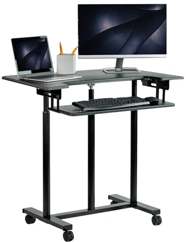 VIVO Mobile Height Adjustable Table, Stand Up Desk Cart with Sliding Keyboard Tray, Computer Workstation, Rolling Presentation Cart, Black, CART-V06A